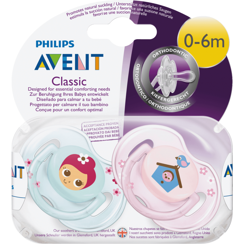 AVENT SUCETTE CLASSIC ORTHO 0-6M GIRL AVEC CAPUCHON