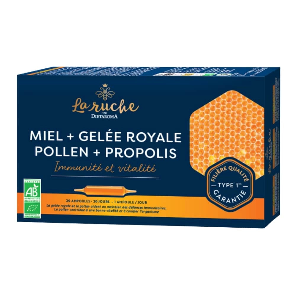 DIETAROMA La Ruche Miel, Gelée Royale, Pollen et Propolis Ampoules Bio – 20u