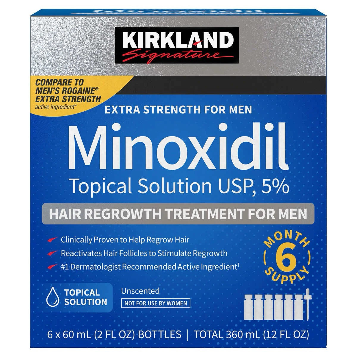 MINOXIDIL 5% Kirkland Signature - 6 Bouteilles de 60ml - Traitement de 6 mois