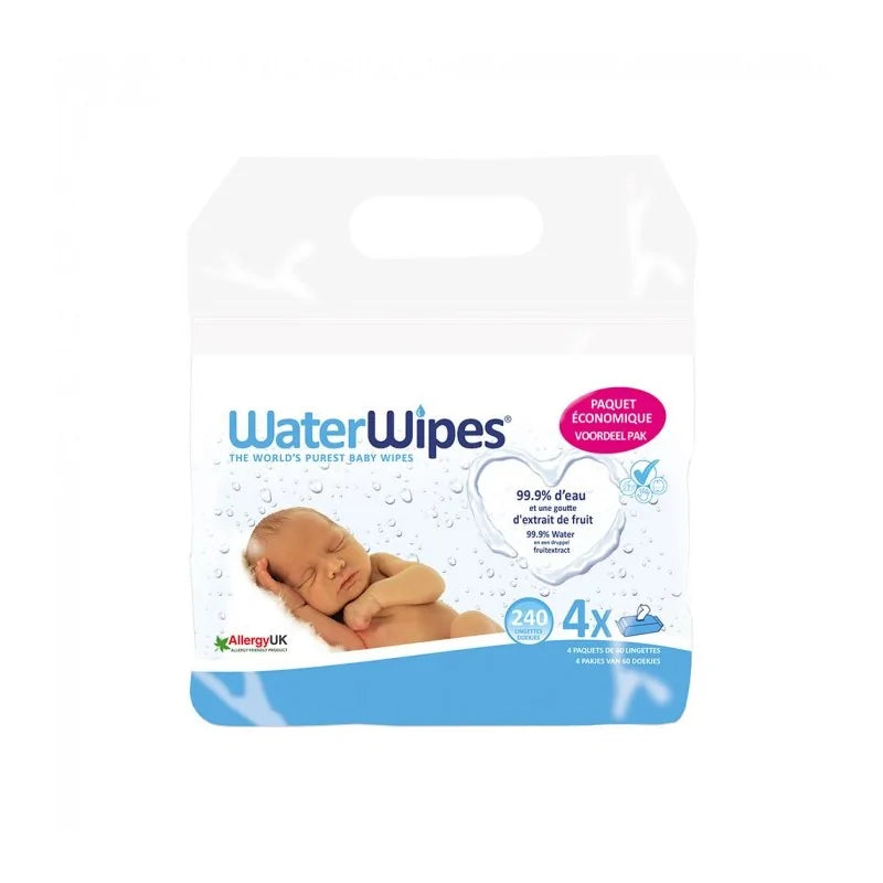 WATERWIPES – PACK 4 x 60 LINGETTES A L’EAU POUR BEBES A PEAUX SENSIBLES